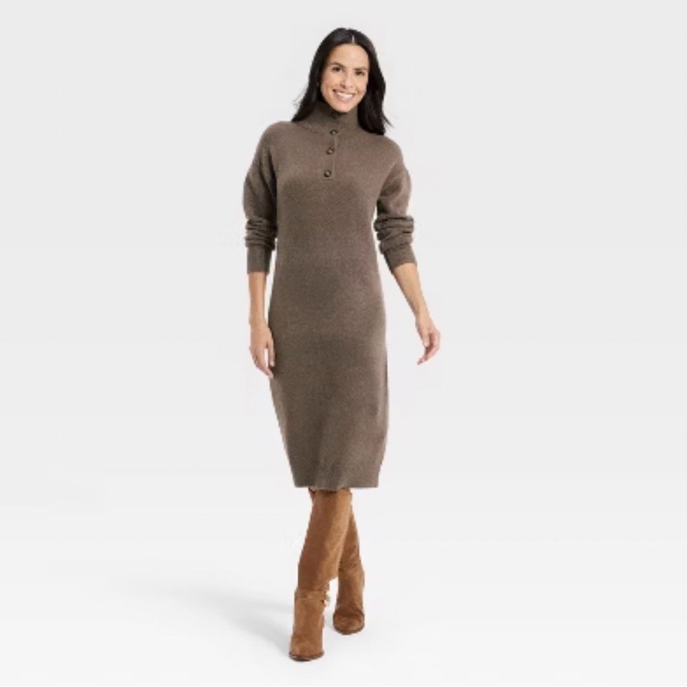 Cozy Brown Turtleneck Midi Dress